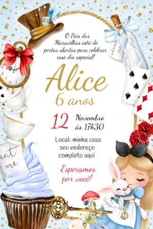 Convite de Aniversário Alice no País das Maravilhas Aquarela Editável