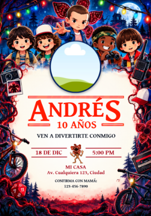 Invitación de Aniversário Stranger Things con Foto para Editar