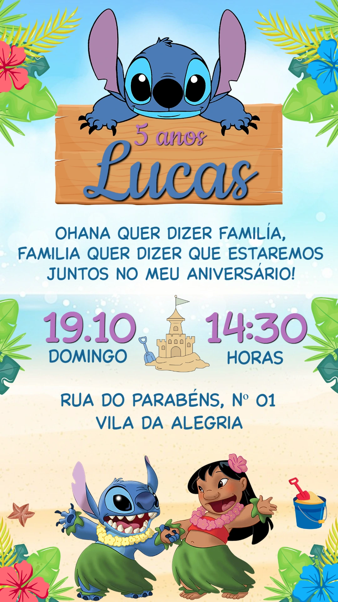 Convite de Aniversário Lilo e Stitch Tropical para Editar Convite de Aniversário Lilo e Stitch Tropical para Editar