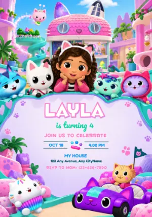 Gabby's Dollhouse Birthday Invitation with Cat Friends Editable