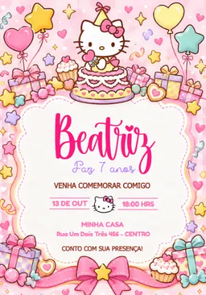 Convite de Aniversário Hello Kitty Editável e Digital