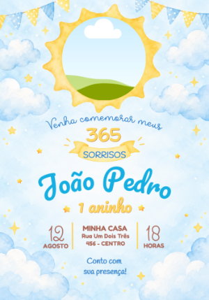 Convite 1 Aninho 365 Sorrisos e Volta ao Sol com Foto Editável