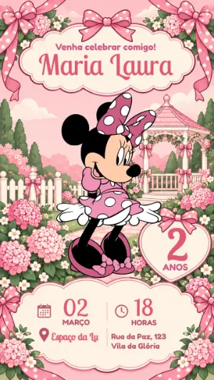 Convite de Aniversário Minnie Rosa no Jardim Florido Editável