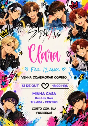 Convite de Aniversário Stray Kids Estilo Anime Grafite Editável