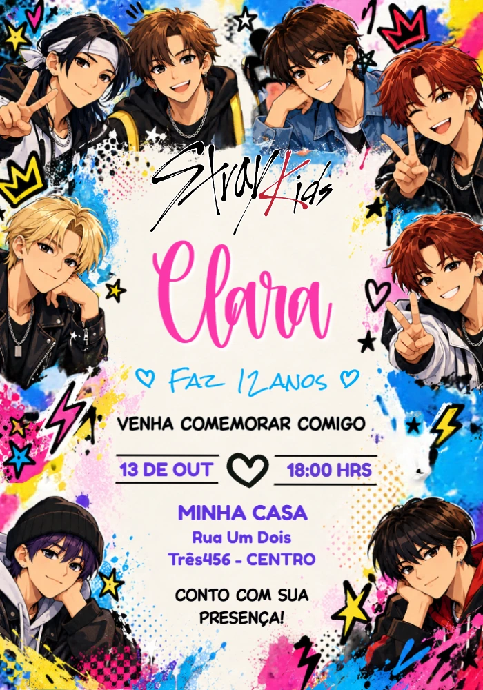 Convite de Aniversário Stray Kids Estilo Anime Grafite Editável Convite de Aniversário Stray Kids Estilo Anime Grafite Editável