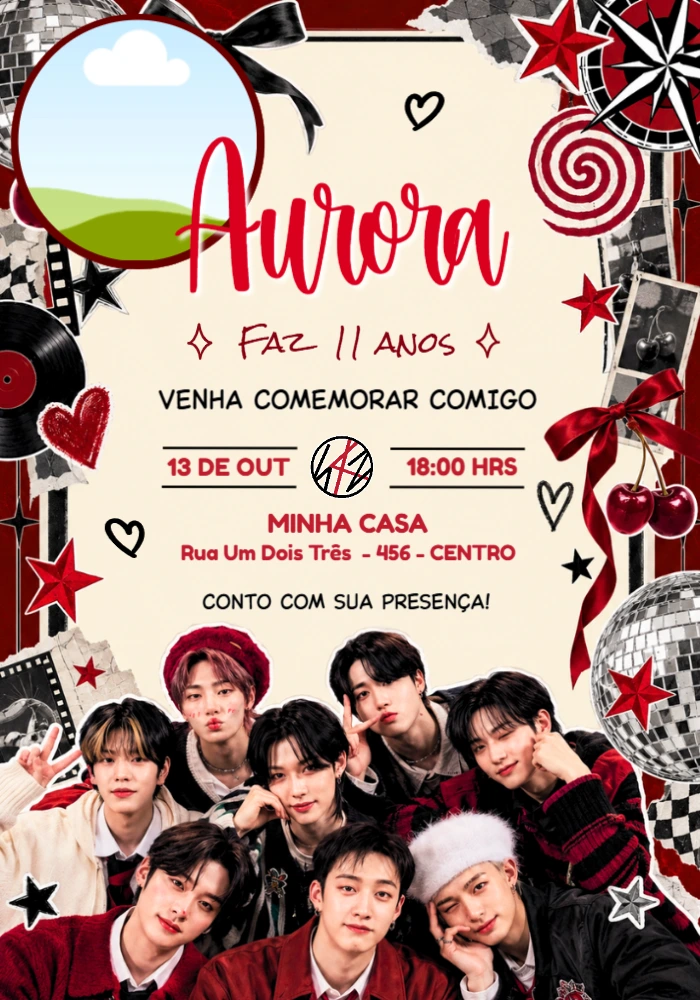 Convite de Aniversário Stray Kids Estilo Scrapbook Editável Convite de Aniversário Stray Kids Estilo Scrapbook Editável