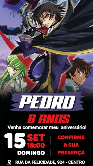 Convite de Aniversário Code Geass: Lelouch Modelo Editável