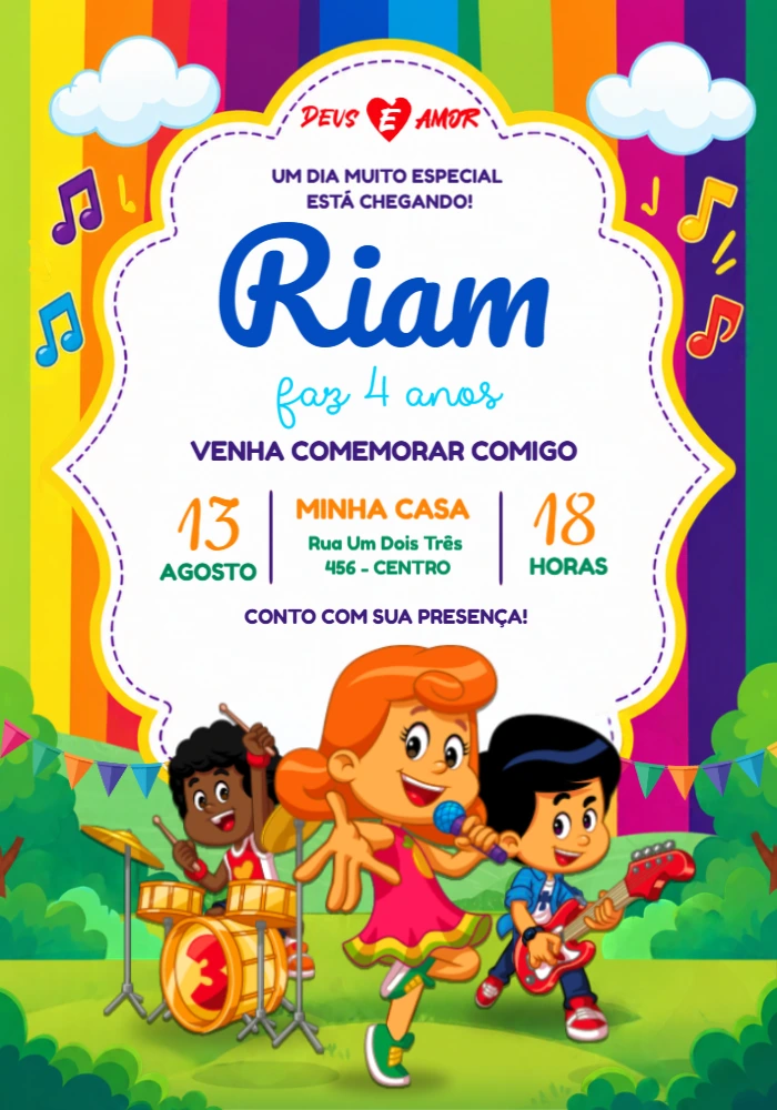 Convite de Aniversário 3 Palavrinhas com Banda para Editar Convite de Aniversário 3 Palavrinhas com Banda para Editar