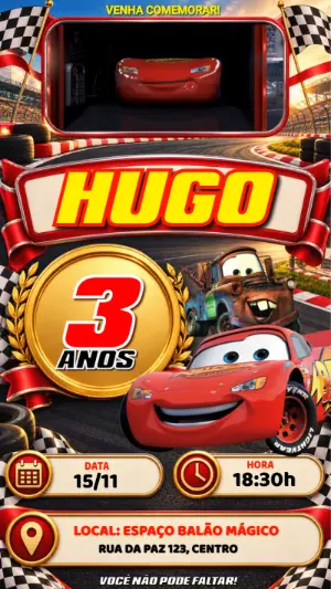 Convite Animado de Aniversário Carros: Modelo McQueen Editável