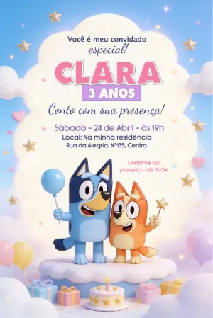 Invito di compleanno Bluey – Statico – Borboleta Convites