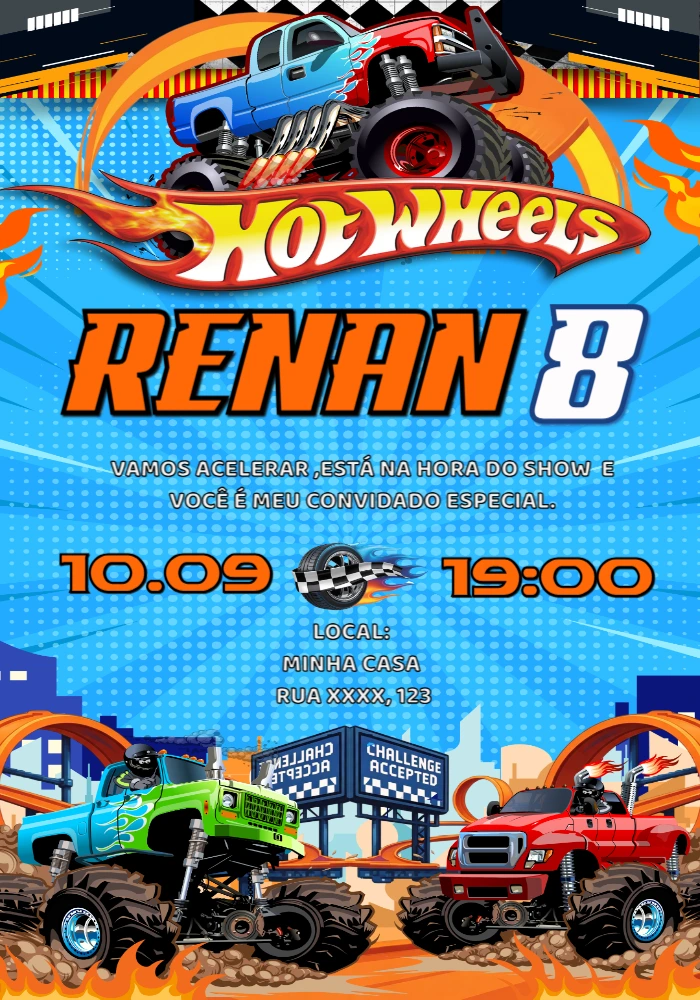 Convite de Aniversário Hot Wheels Monster Trucks Editável Convite de Aniversário Hot Wheels Monster Trucks Editável