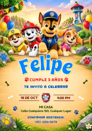 Invitación de Cumpleaños Patrulla Canina con el equipo para editar
