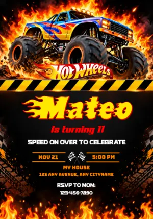 Editable Hot Wheels Monster Truck Invitation with Fiery Action