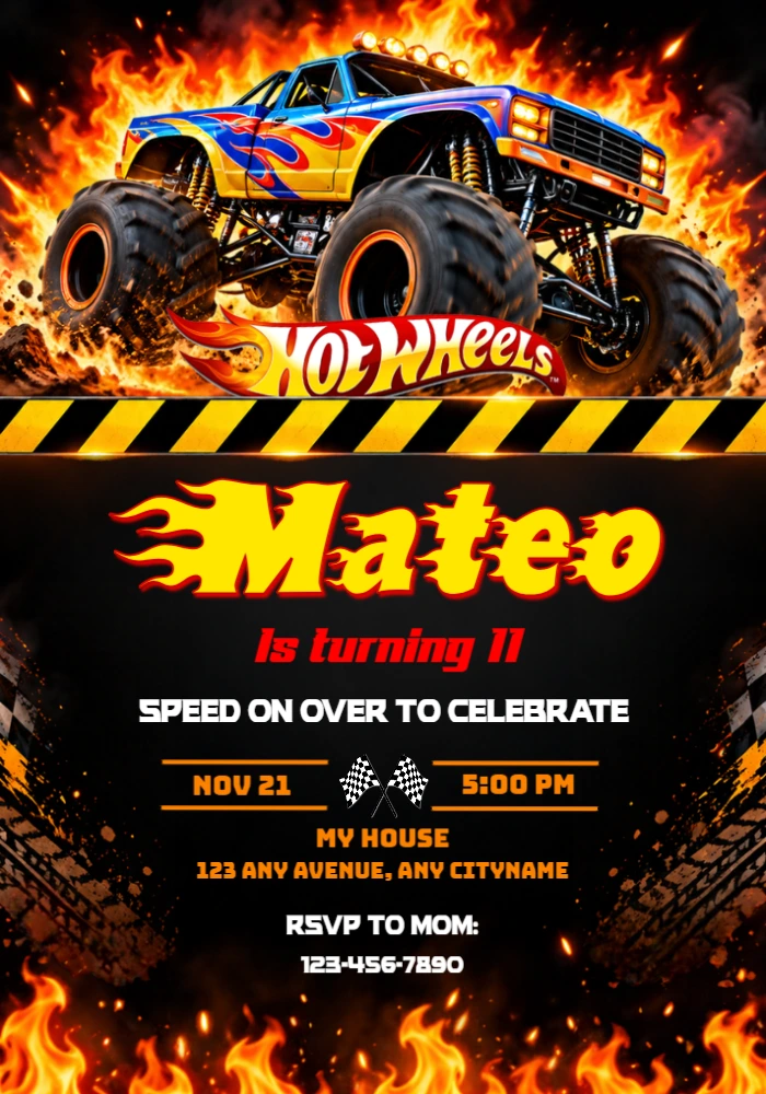 Editable Hot Wheels Monster Truck Invitation with Fiery Action Editable Hot Wheels Monster Truck Invitation with Fiery Action