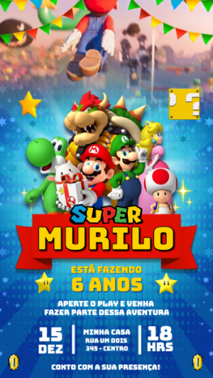 Convite Animado de Aniversário Super Mario para Editar