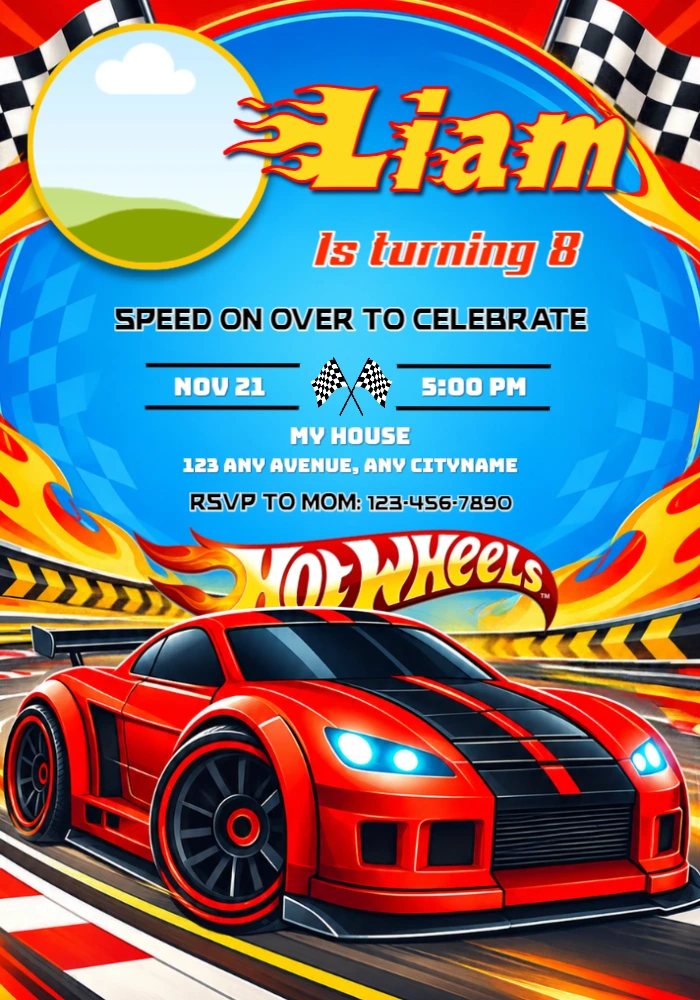 Hot Wheels Birthday Invitation with Photo Frame, Editable Template Hot Wheels Birthday Invitation with Photo Frame, Editable Template