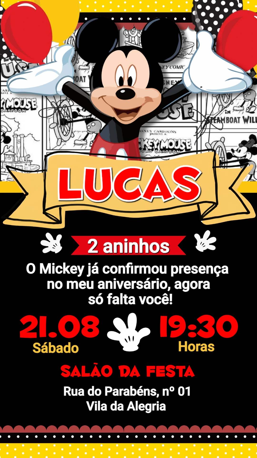 Convite de Aniversário do Mickey Mouse | Modelo Digital Editável Convite de Aniversário do Mickey Mouse | Modelo Digital Editável