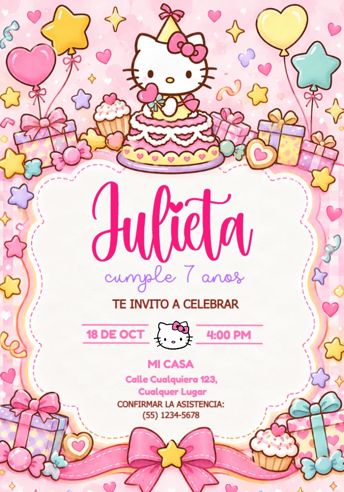 Invitación de Cumpleaños de Hello Kitty - Plantilla Editable Invitación de Cumpleaños de Hello Kitty - Plantilla Editable