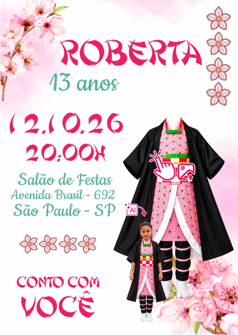 Convite Aniversário Nezuko Demon Slayer: Vire a Personagem com IA Convite Aniversário Nezuko Demon Slayer: Vire a Personagem com IA