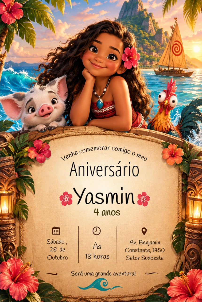 Convite de Aniversário Moana | Modelo Digital Editável Convite de Aniversário Moana | Modelo Digital Editável