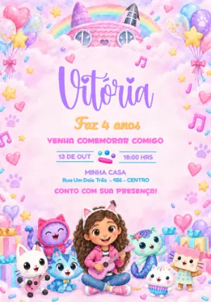 Convite Aniversário A Casa Mágica da Gabby Aquarela Editável