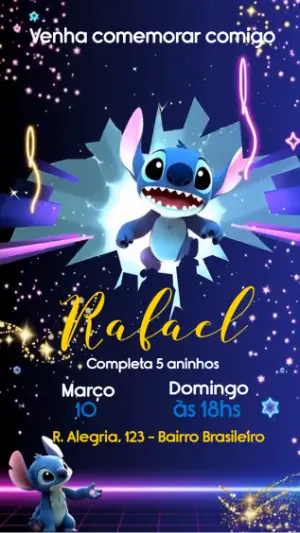 Convite Animado de Aniversário Stitch Estilo Neon para Editar