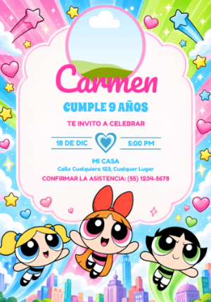 Invitación de Cumpleaños Las Chicas Superpoderosas con Foto Editable