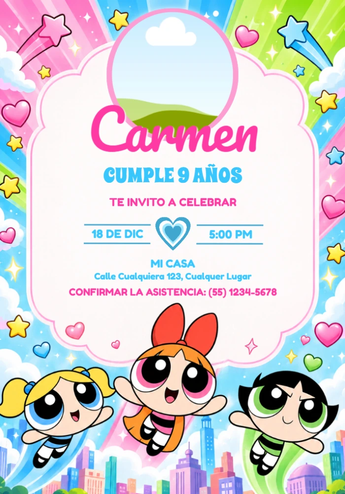 Invitación de Cumpleaños Las Chicas Superpoderosas con Foto Editable Invitación de Cumpleaños Las Chicas Superpoderosas con Foto Editable