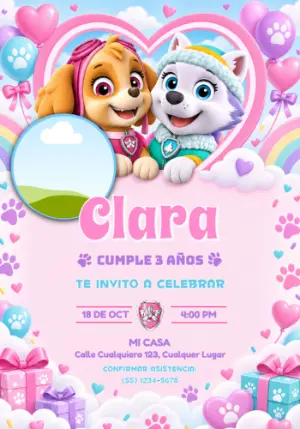 Invitación de Skye y Everest Patrulla Canina con Foto para Editar