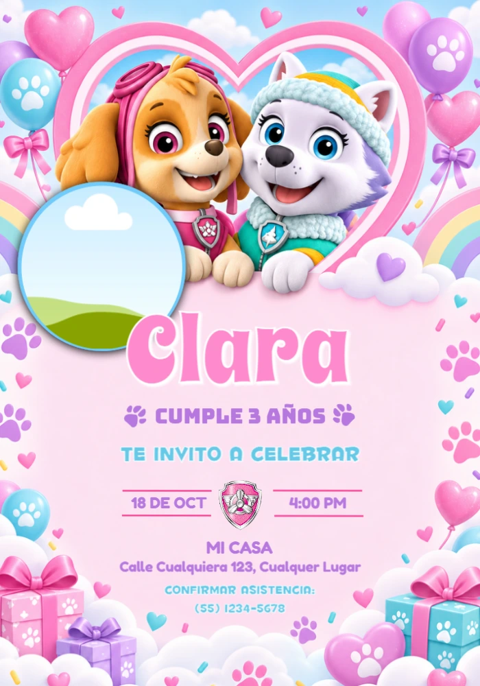 Invitación de Skye y Everest Patrulla Canina con Foto para Editar Invitación de Skye y Everest Patrulla Canina con Foto para Editar