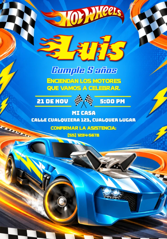 Invitación de Cumpleaños Hot Wheels Carrera a Velocidad Editable Invitación de Cumpleaños Hot Wheels Carrera a Velocidad Editable