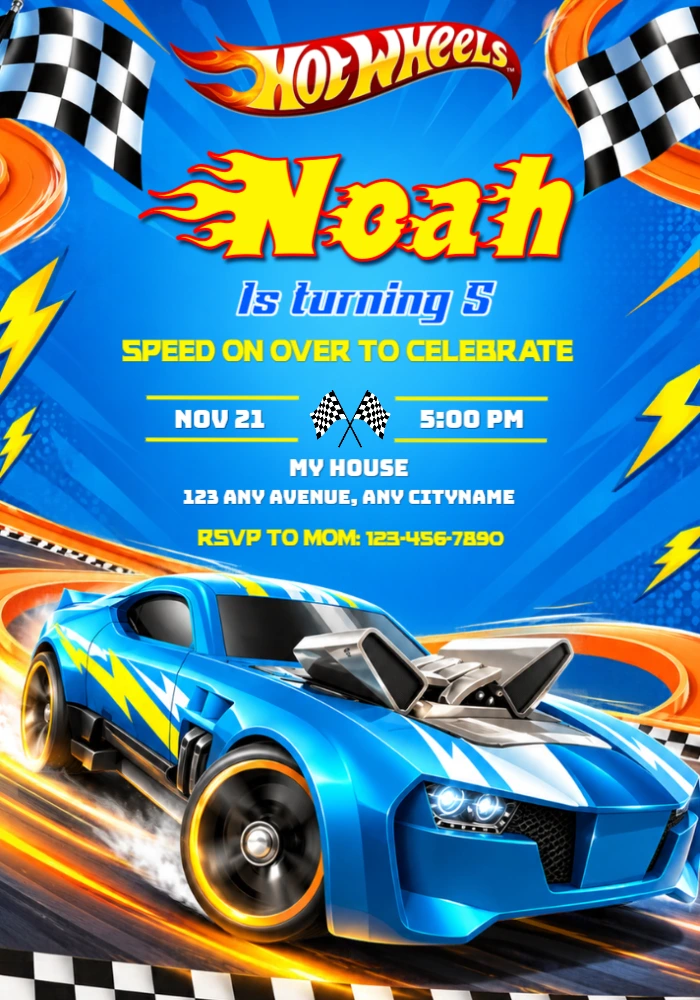 Hot Wheels Birthday Invitation with Speeding Car - Editable Template Hot Wheels Birthday Invitation with Speeding Car - Editable Template