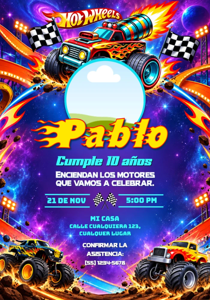 Invitación de Cumpleaños Hot Wheels Monster Trucks Editable Invitación de Cumpleaños Hot Wheels Monster Trucks Editable