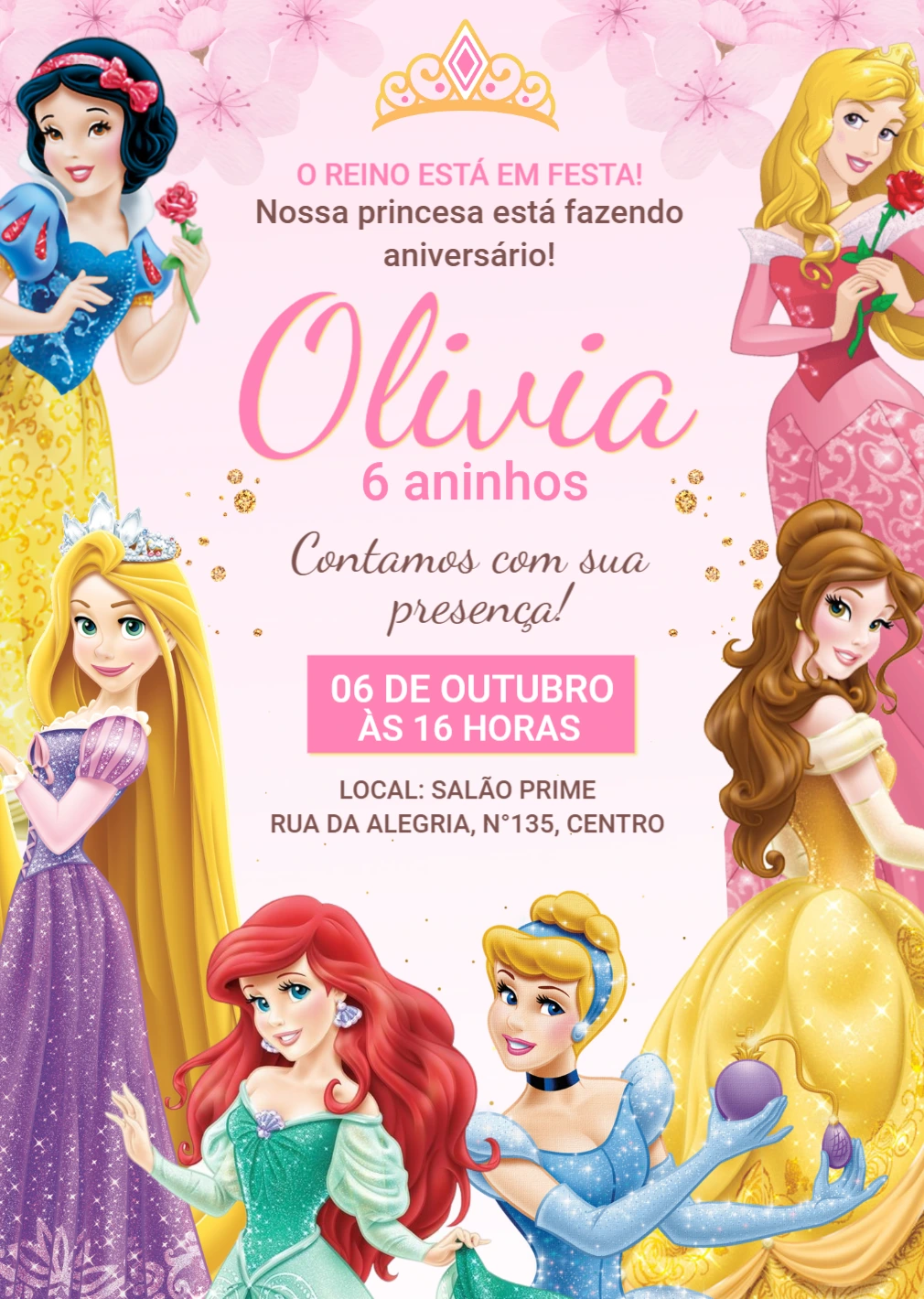 Convite Aniversário Princesas Disney Encontro Real para Editar Convite Aniversário Princesas Disney Encontro Real para Editar