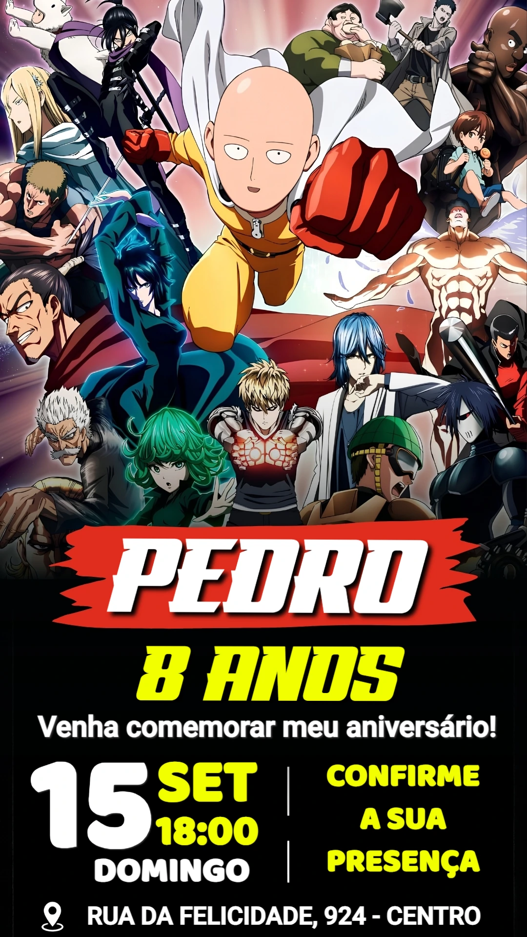 Convite de Aniversário One-Punch Man Editável Online Convite de Aniversário One-Punch Man Editável Online
