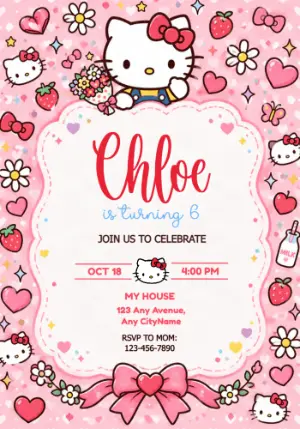 Hello Kitty Birthday Invitation Holding a Bouquet Editable Template