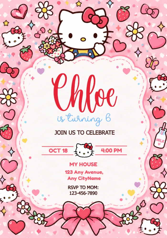 Hello Kitty Birthday Invitation Holding a Bouquet Editable Template Hello Kitty Birthday Invitation Holding a Bouquet Editable Template