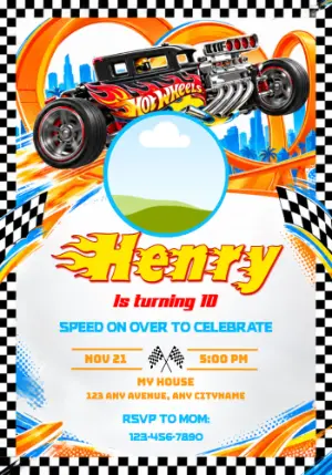 Hot Wheels Birthday Invitation with Flaming Hot Rod - Editable Template