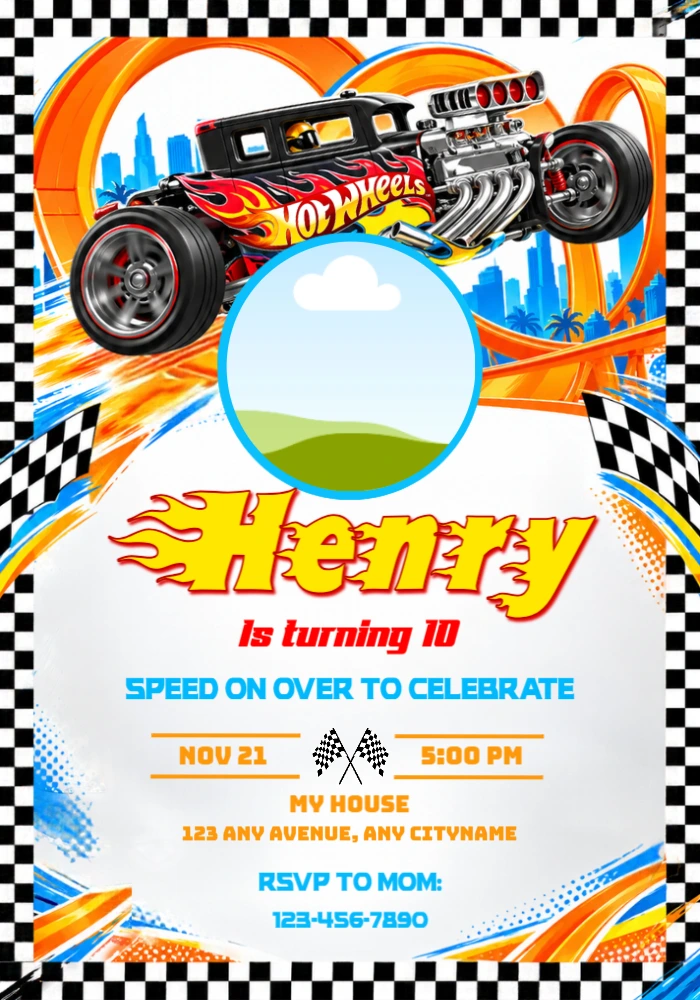 Hot Wheels Birthday Invitation with Flaming Hot Rod - Editable Template Hot Wheels Birthday Invitation with Flaming Hot Rod - Editable Template