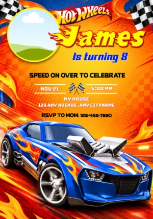 Hot Wheels Birthday Invitation with Flaming Car | Editable Template