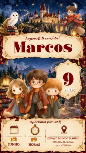 Convite Digital Harry Potter: Modelo Editável para Aniversário
