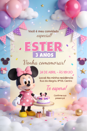 Convite de Aniversário Minnie Rosa Digital para Editar