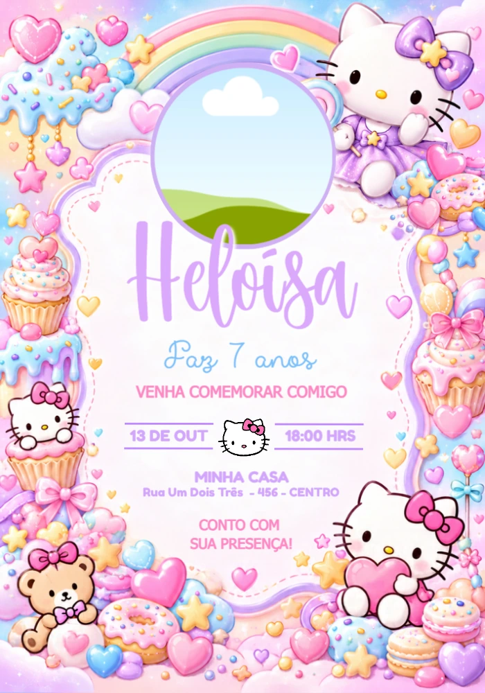 Convite de Aniversário Hello Kitty com Foto Editável Convite de Aniversário Hello Kitty com Foto Editável