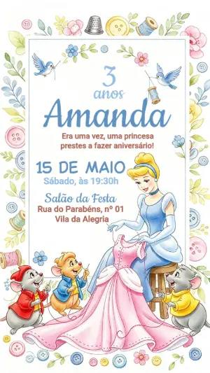 Convite de Aniversário Cinderela Aquarela para Editar