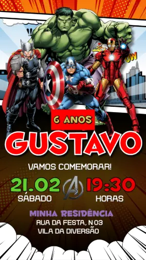 Convite de Aniversário Vingadores Editável para Festa Infantil