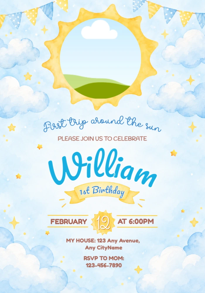 First Trip Around the Sun 1st Birthday Invitation | Editable Template First Trip Around the Sun 1st Birthday Invitation | Editable Template