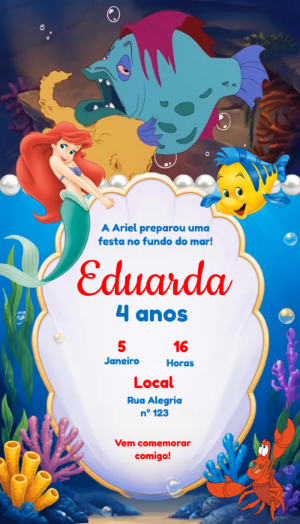 Convite Animado Aniversário Pequena Sereia para Editar Online
