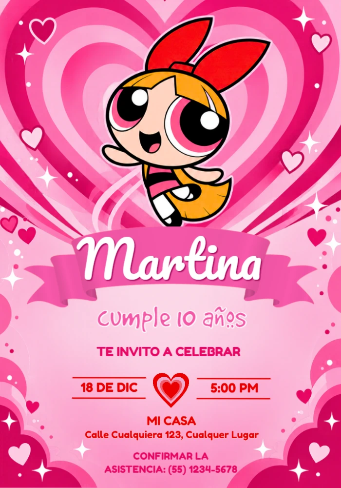 Invitación de Cumpleaños Bombón Volando entre Corazones Editable Invitación de Cumpleaños Bombón Volando entre Corazones Editable