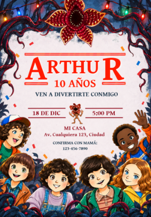 Invitación de Cumpleaños Stranger Things con Personajes para Editar