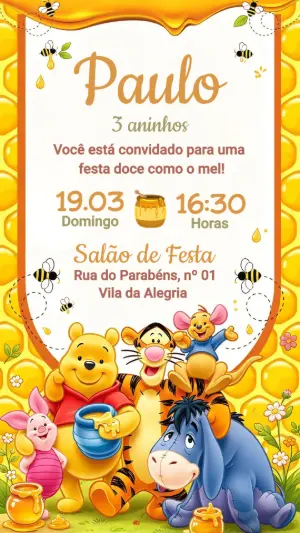 Convite de Aniversário Ursinho Pooh Doce como Mel Editável